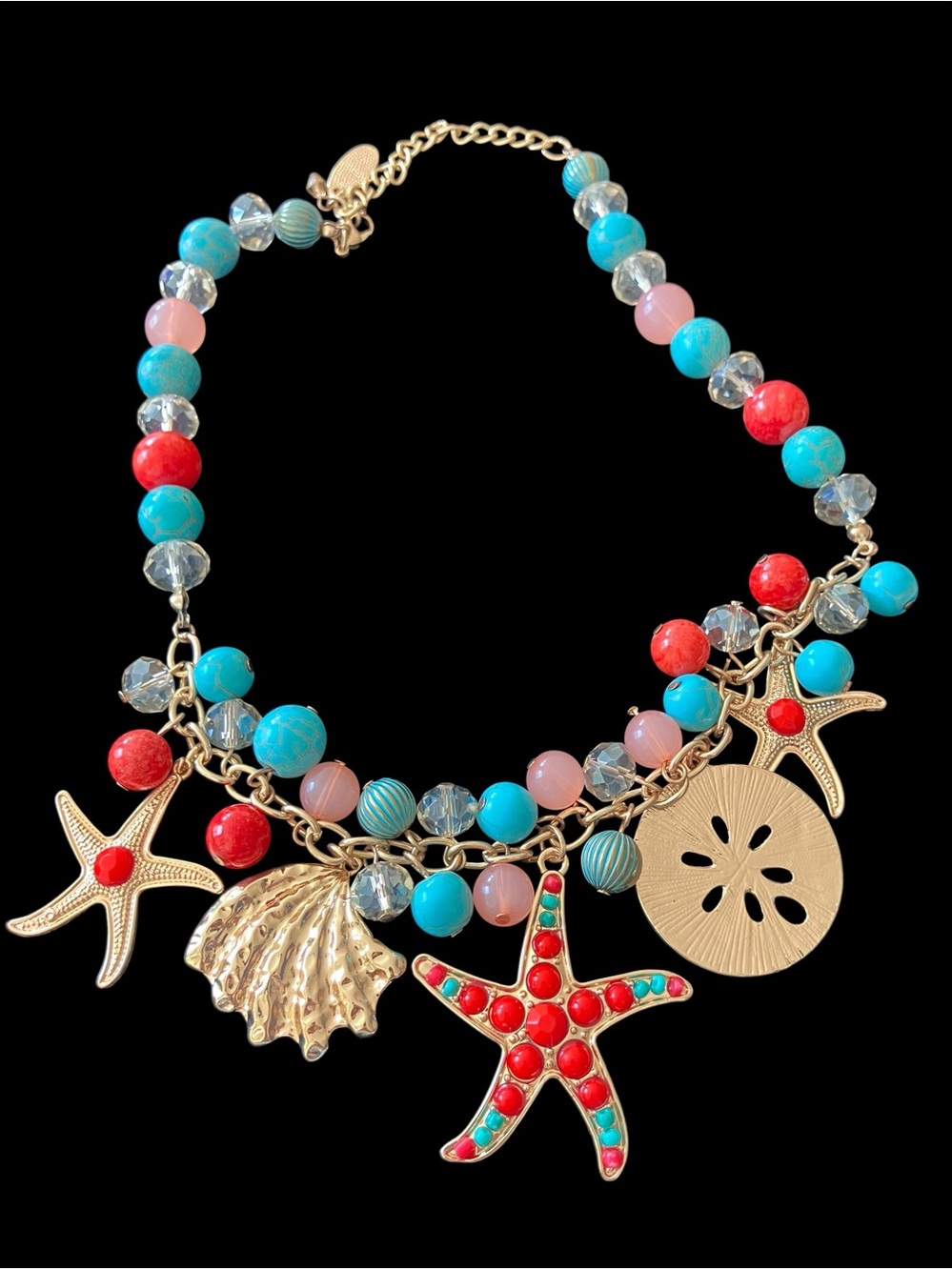 Jules B Signed Coastal Statement Necklace Turquoise Coral Starfish Sand Dollar